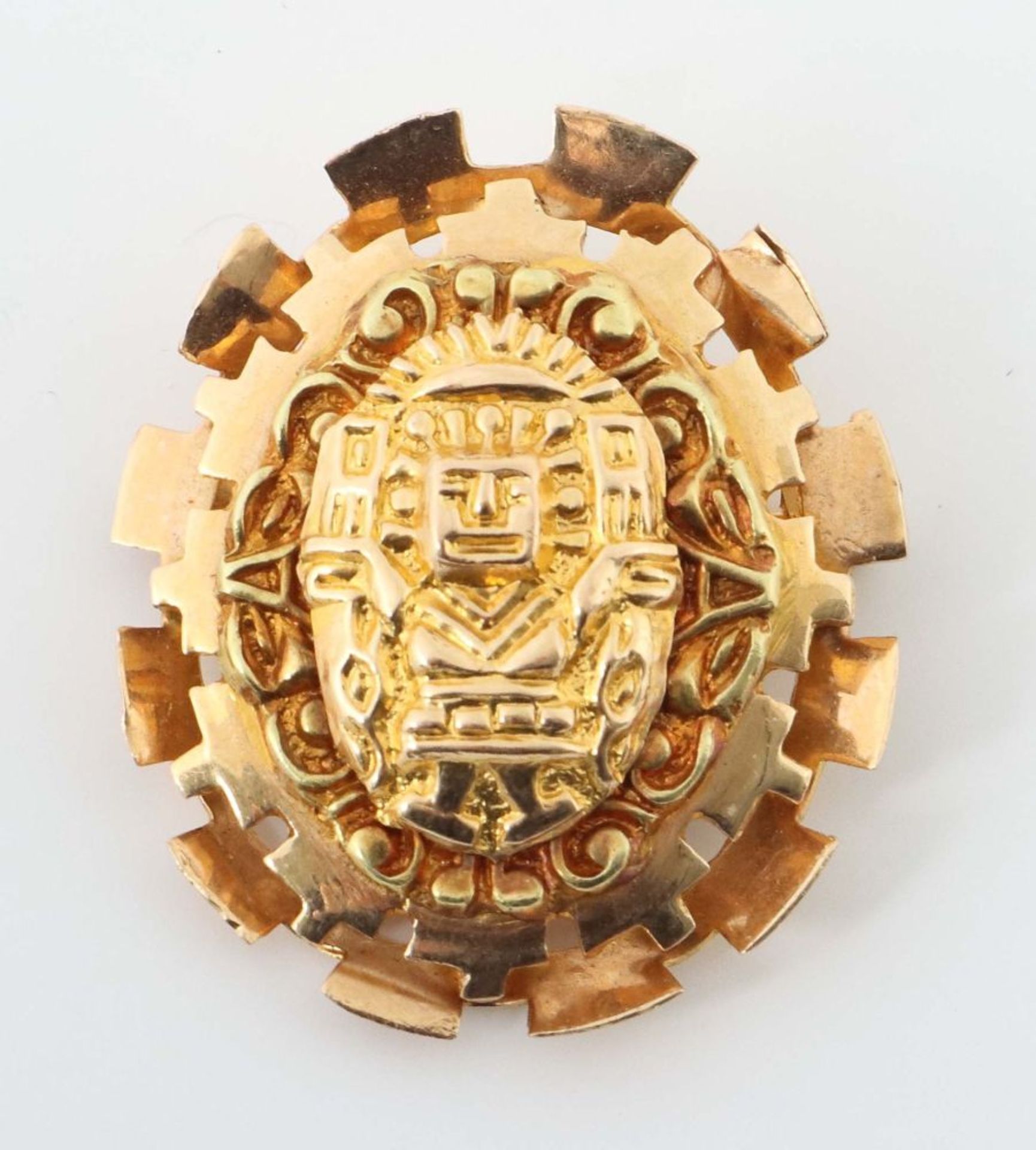 Brosche mit Aztekenmotiv Gelbgold 750,