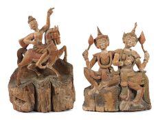 Zwei Holzfiguren Burma, 20. Jh., Holz