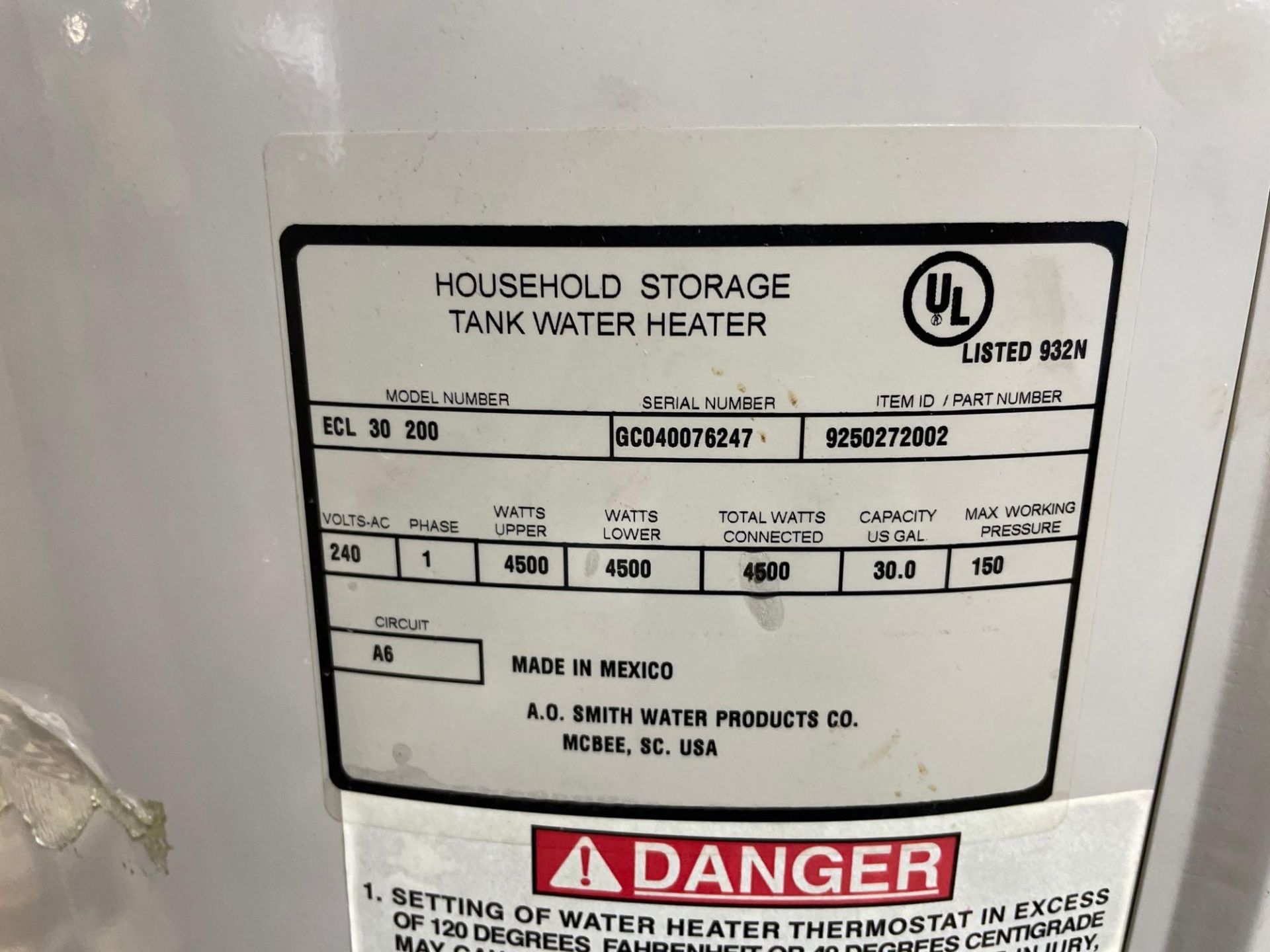 A.O. Smith Promax Water Heater  30 Gallons - Image 3 of 6