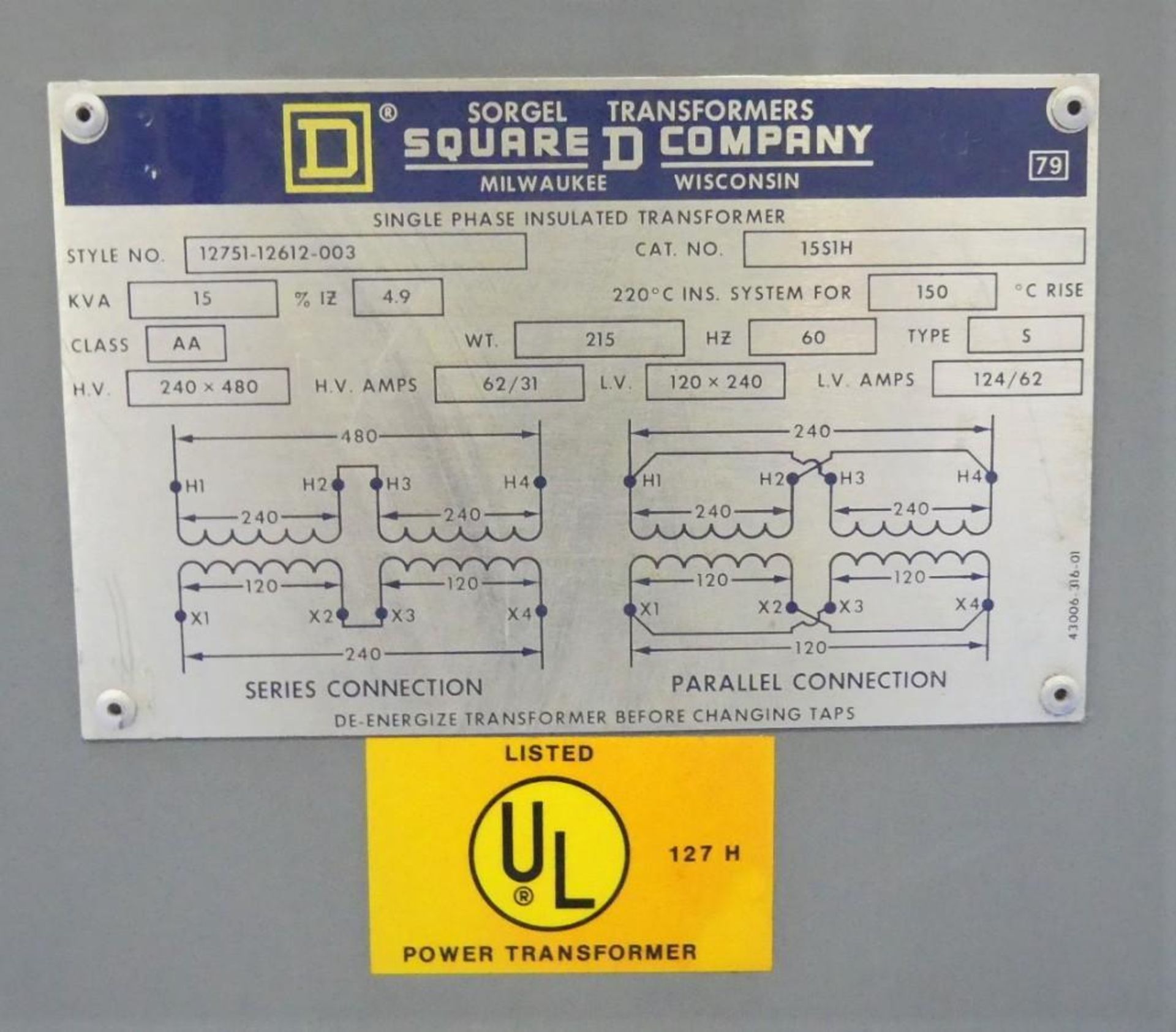 Square D Sorgel Single Phase Insulated Transformer - Image 5 of 5