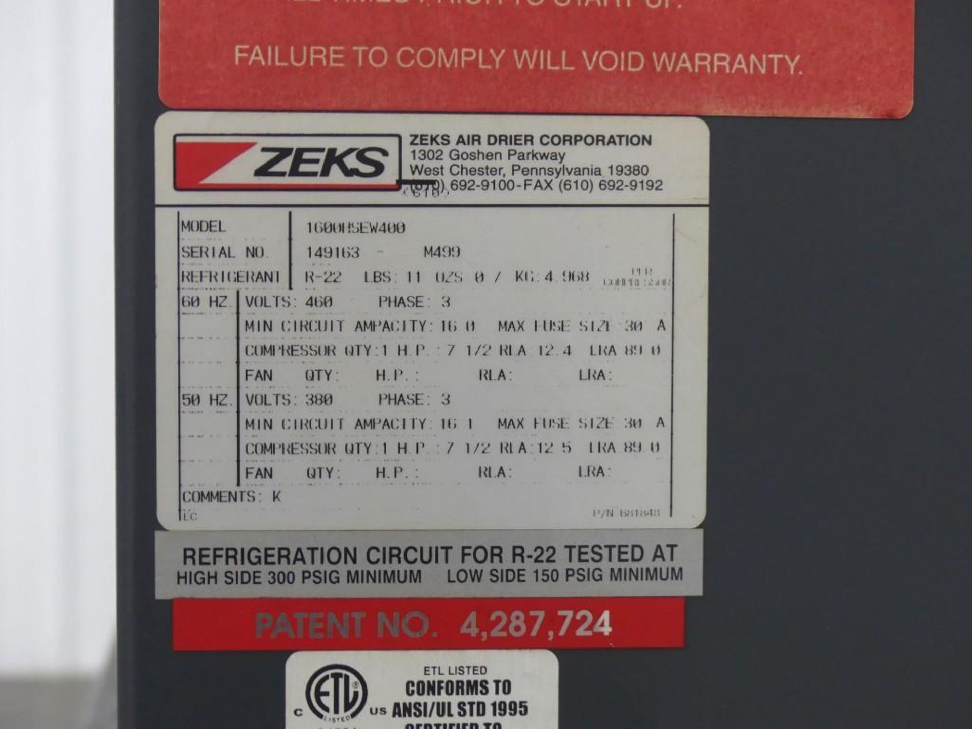Zeks 1600HSEW400 Refrigerated Compressed Air Dryer - Image 20 of 20