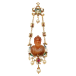 Mid 19th Century, A Renaissance Revival pendant set with an agate bust of a warrior (possibly earlie