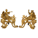 French, Louis XV, A pair of ormolu gilt bronze figural chenets