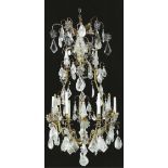 French, Mid-20th Century, Maison Jansen, ormolu and rock crystal six-light chandelier