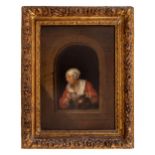 French, 18th Century, Follower of Gerrit Dou (1613 - 1675), A portrait of an old crone in a white ha
