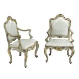 Venetian, 18th Century, An exceptional gilt-wood and painted Venetian suite of three chairs