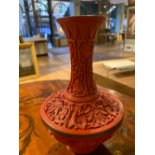 NO RESERVE: Chinese, Qing Dynasty, A red wooden vase with intricate carved decoration