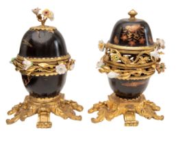 French, 18th Century, Attributed to Marchand Mercier, ormolu and blue lacquer potpourri bowls