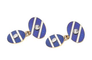 NO RESERVE: A pair of gold, blue enamel and diamond cufflinks, in a D&J Welby Ltd. presentation box