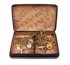 NO RESERVE: A leathered antique gold leaf jewellery case, a selection of jewellery and trinkets