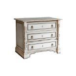 A distressed white chest of drawers, with painted blue detail