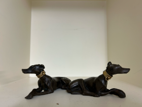 NO RESERVE: Modern, A pair of elegant bronze greyhounds, with brass collars