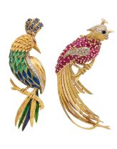 A pair of gold Italian bird brooches