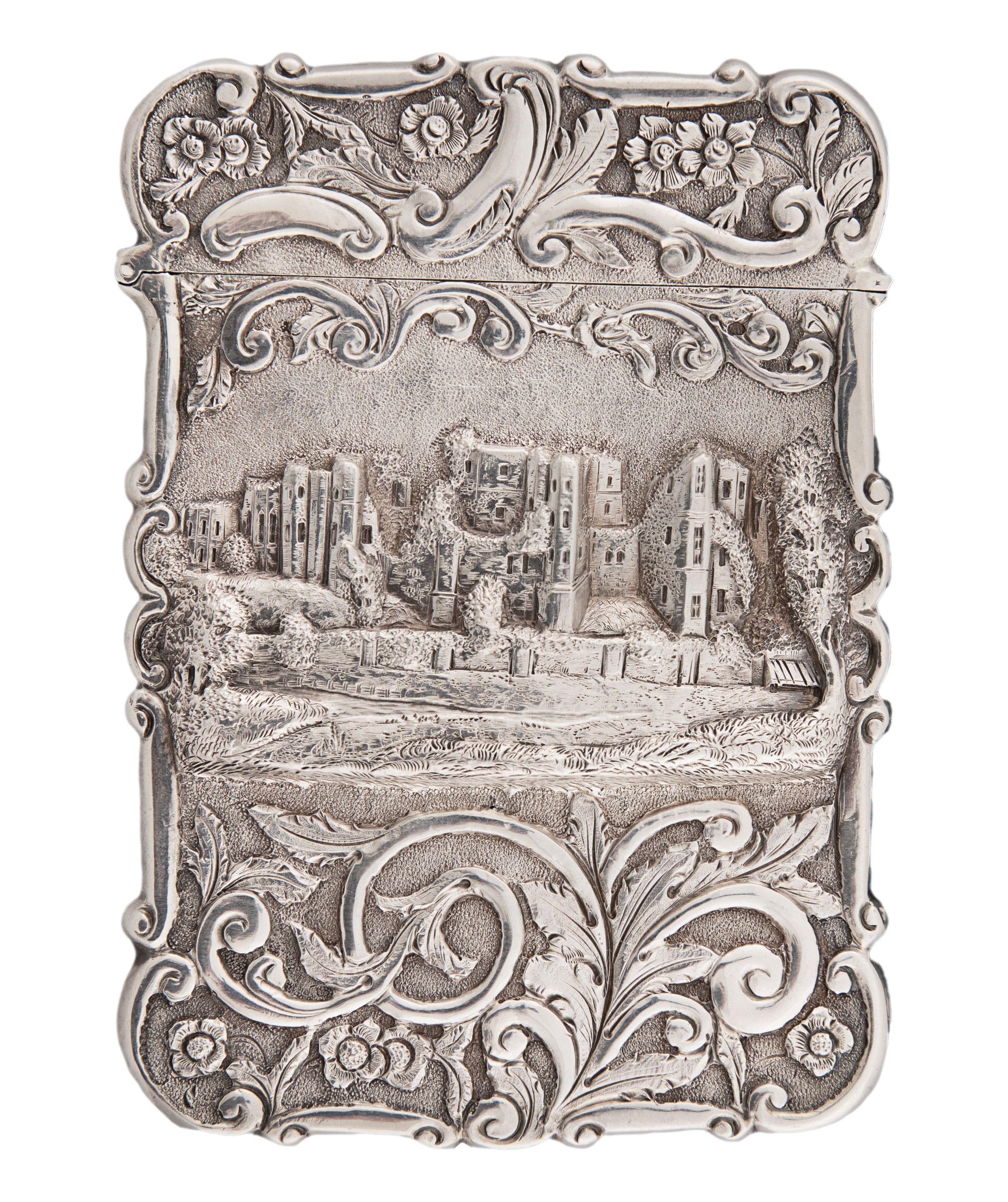 Birmingham, Late 18th/Early 19th Century, A silver embossed card case depicting Kenilworth Castle