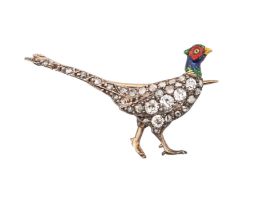 Edwardian, A diamond, gold and enamel pheasant brooch