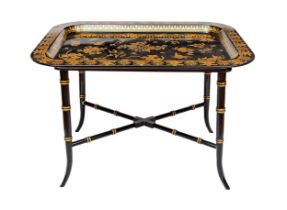 NO RESERVE: A black lacquer simulated bamboo tray table