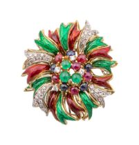 Circa 1970, A pair of diamond and gem set enamel flower clip earrings