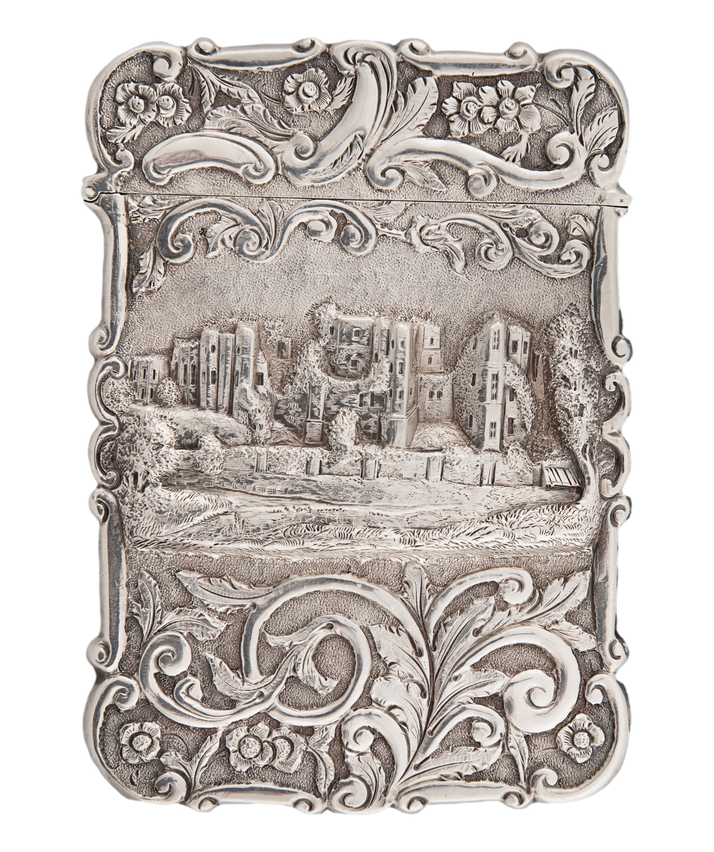 Birmingham, Late 18th/Early 19th Century, A silver embossed card case depicting Kenilworth Castle - Image 2 of 3