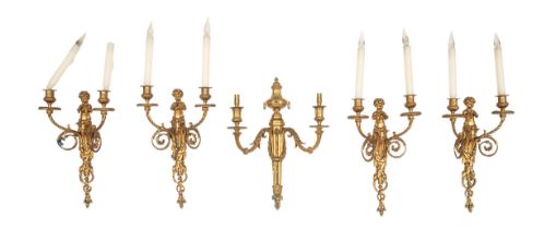 Five ormolu twin branch wall lights