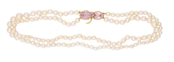 A pink topaz and two row cultivated pearl necklace