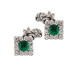Circa 1950, A pair of emerald and diamond clip earrings