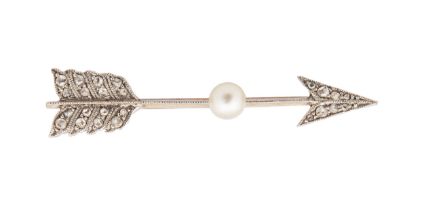 Edwardian, A diamond and natural pearl arrow brooch