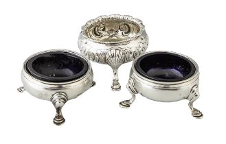 Three silver and silver-plate salt cellars