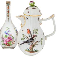 A Meissen coffee pot with elegant repairs and a Derby china inspired gourd-like vase