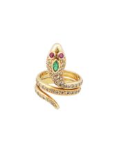 A diamond, ruby and emerald yellow metal serpent dress ring