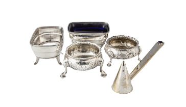 George III, Two pairs of silver salt cellars and a candle snuffer