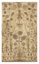 Ottoman, 19th Century, A silk and gold thread textile with a hanging prayer lamp motif