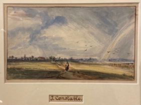 Circle of John Constable, A peasant woman in a landscape with rainbow