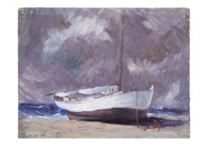 Emmanuel Zairis (1876-1948), A double-sided painting on panel, 'A fishing boat at shore' and 'Harves