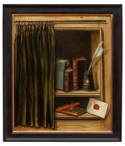 French School, 18th Century, A trompe l'oeil still life of with books, a curtain, and a wax seal