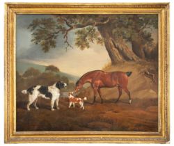 Attributed to Abraham Cooper (1787 - 1868), A horse and dogs in a landscape