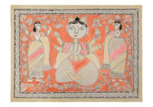 NO RESERVE: India, possibly Madhubani school, 20th Century, A folk painting of dancing girls