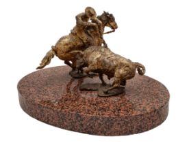 NO RESERVE: Mexican, c. 1970, A striking gilt bronze sculpture of a picador engaging a bull on an ov