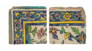 Qajar, 19th Century, Two decorative ceramic tiles with floral border