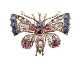 Antique, A diamond sapphire and gem set butterfly brooch