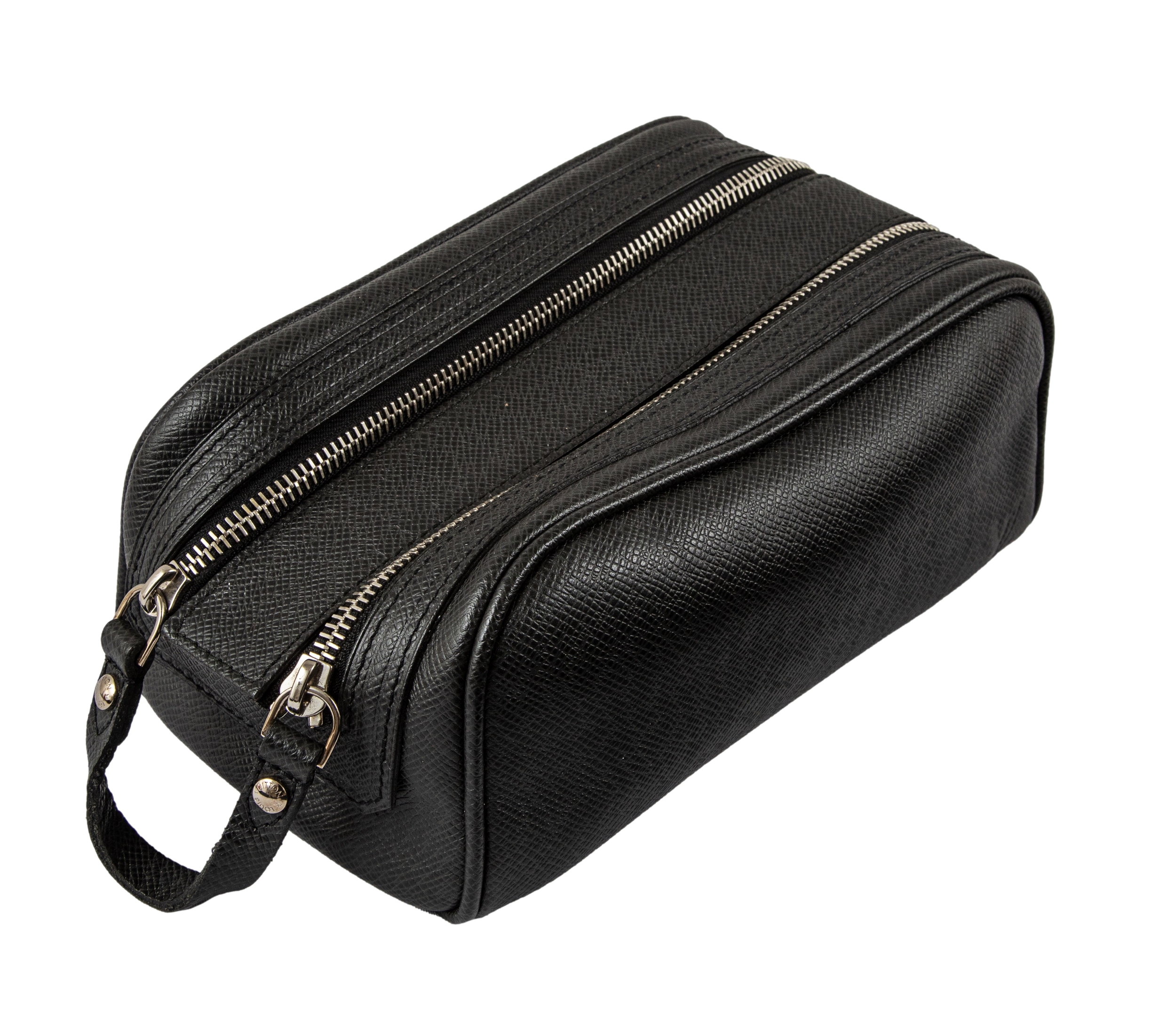 Louis Vuitton, A black taiga leather double zip gentlemen's toiletry pouch