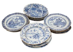 Fourteen blue and white Chinese export plates