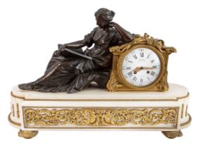 Deniere of Paris, Second quarter 19th Century, A bronze and marble figural mantel clock, 'L'Emploi d