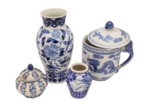 Chinese, 18th-20th Century, Four blue and white porcelain vessels