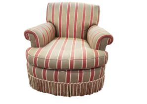 Howard and Sons style, A pair of red striped armchairs, with tassels