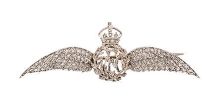 Edwardian, A Royal Flying Corps rose cut diamond crowned wing brooch