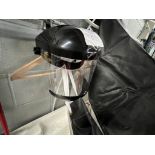 LOT OF: (2) BLACK APRONS, (1) FACE SHIELD, PAIR OF BLACK RUBBER GLOVES