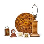 An American Marquetry Table Top and Lamp, Early 20th Century