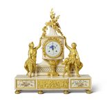 A Large Louis XVI Gilt-Bronze Mounted Polychrome Painted White Marble Mantle Clock, Signed DE BELLE,