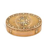 A German Vari-Color Gold Oval Snuff Box, Maker's Mark a Circular Flowerhead, Probably Hanau, Circa 1