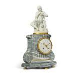 A Louis XVI Figural Biscuit Porcelain and Bleu Turquin Marble Mantle Clock, Circa 1790